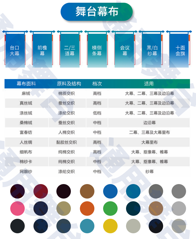 裝飾炫麗舞臺(tái),提升演出效果!通用舞臺(tái)教您一圖看懂舞臺(tái)阻燃幕布